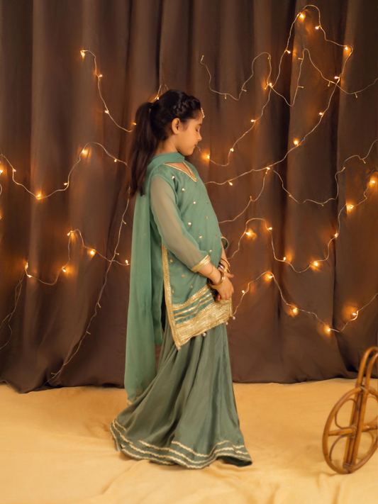 Kidoz Kloset Chiffon Embroidered Stitched 3-Piece Suit-Groovy Green