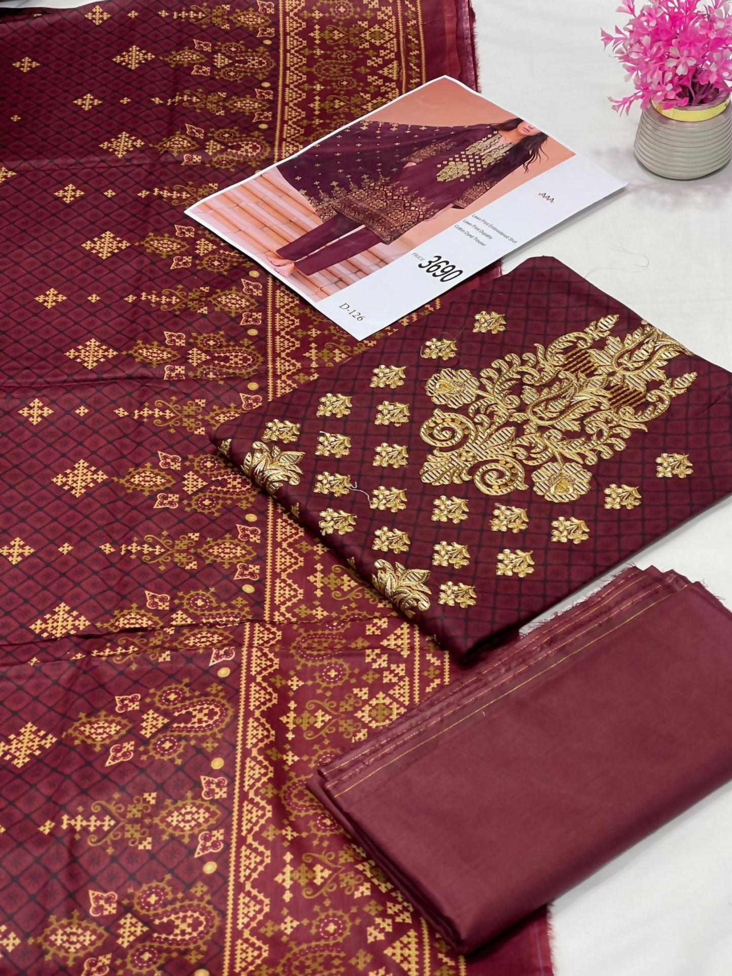 Bin Rehman Lawn Embroidered Unstitched 3-Piece Suit-D-126