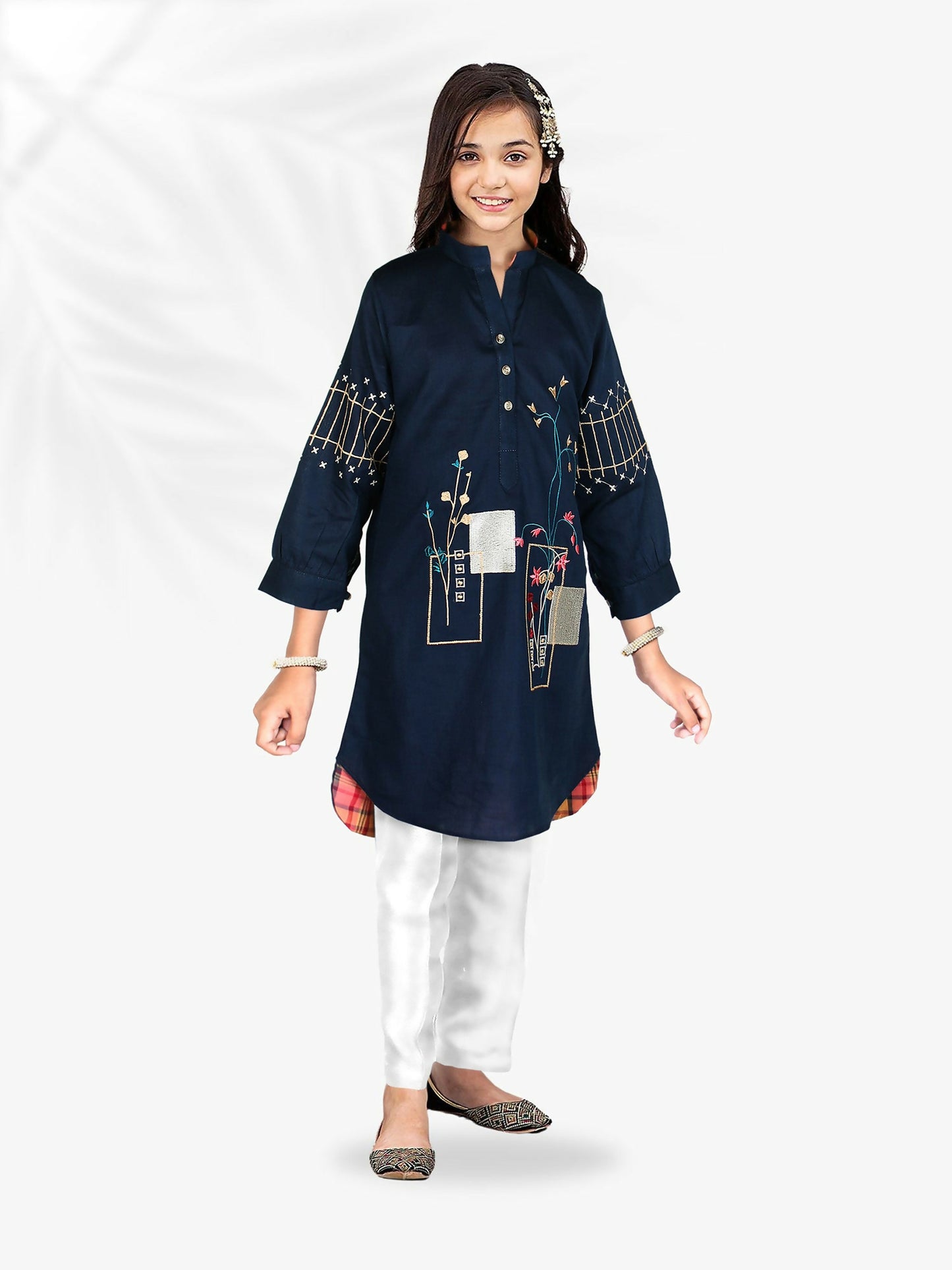 Designer stitched cotton tunic for girls aged 2 to 13, featuring full sleeves, a customized fit, and breathable fabric—perfect for summer casual or festive wear.