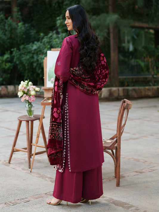 Parishay Panache Winter Corduroy Embroidered Stitched 3-Piece Suit-PNE-09