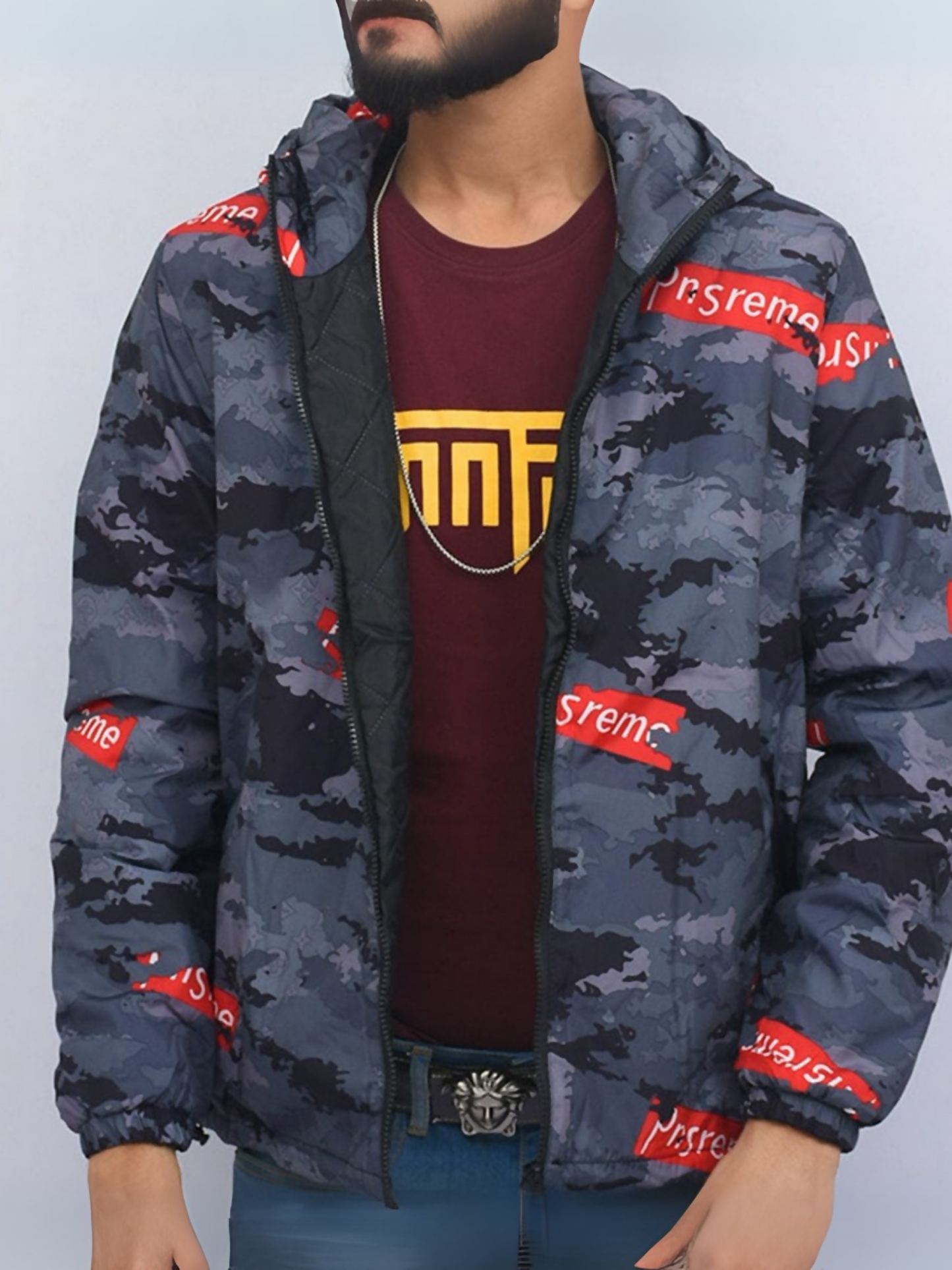 Funky men’s waterproof windbreaker jacket with light padding, front zip closure, double-layer hood, side pockets, elasticated cuffs, and hemmed bottom with adjustable toggles. Perfect casual outerwear for everyday warmth.