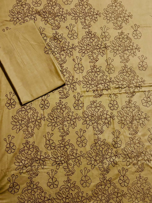 Fehm unstitched beige lawn 2-piece suit with hand embroidered floral patterns on the shirt front, plain back, embroidered sleeves, and matching hand embroidered dupatta.