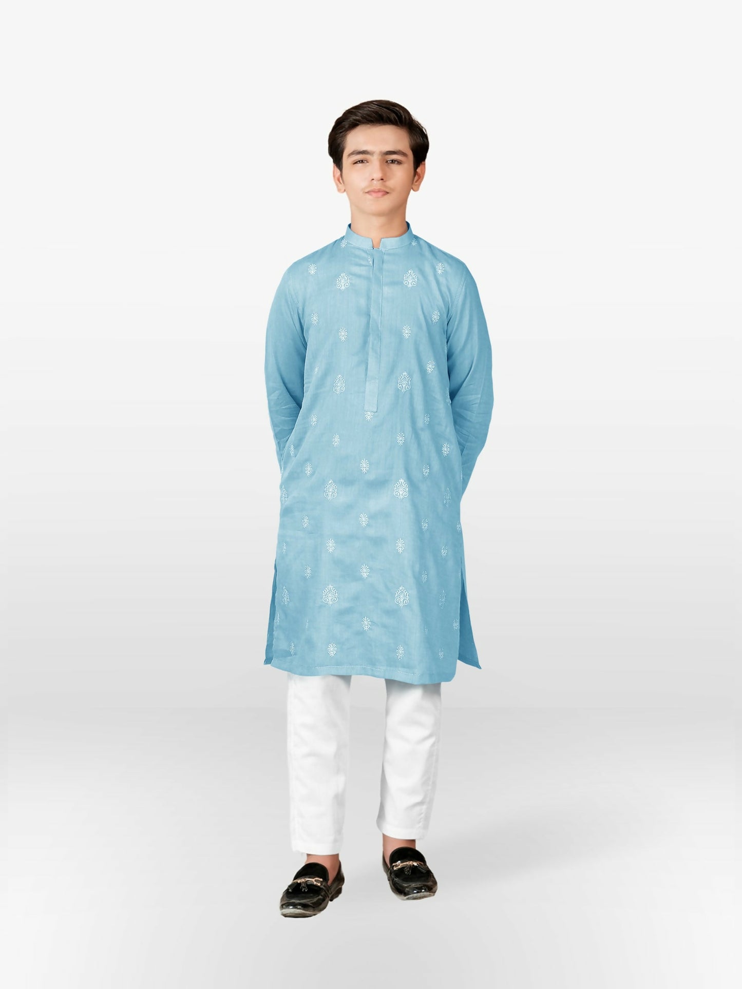 Boy wearing cotton stitched kurta with mandarin collar, full sleeves, regular fit, and delicately embroidered front – traditional ethnic wear for kids.