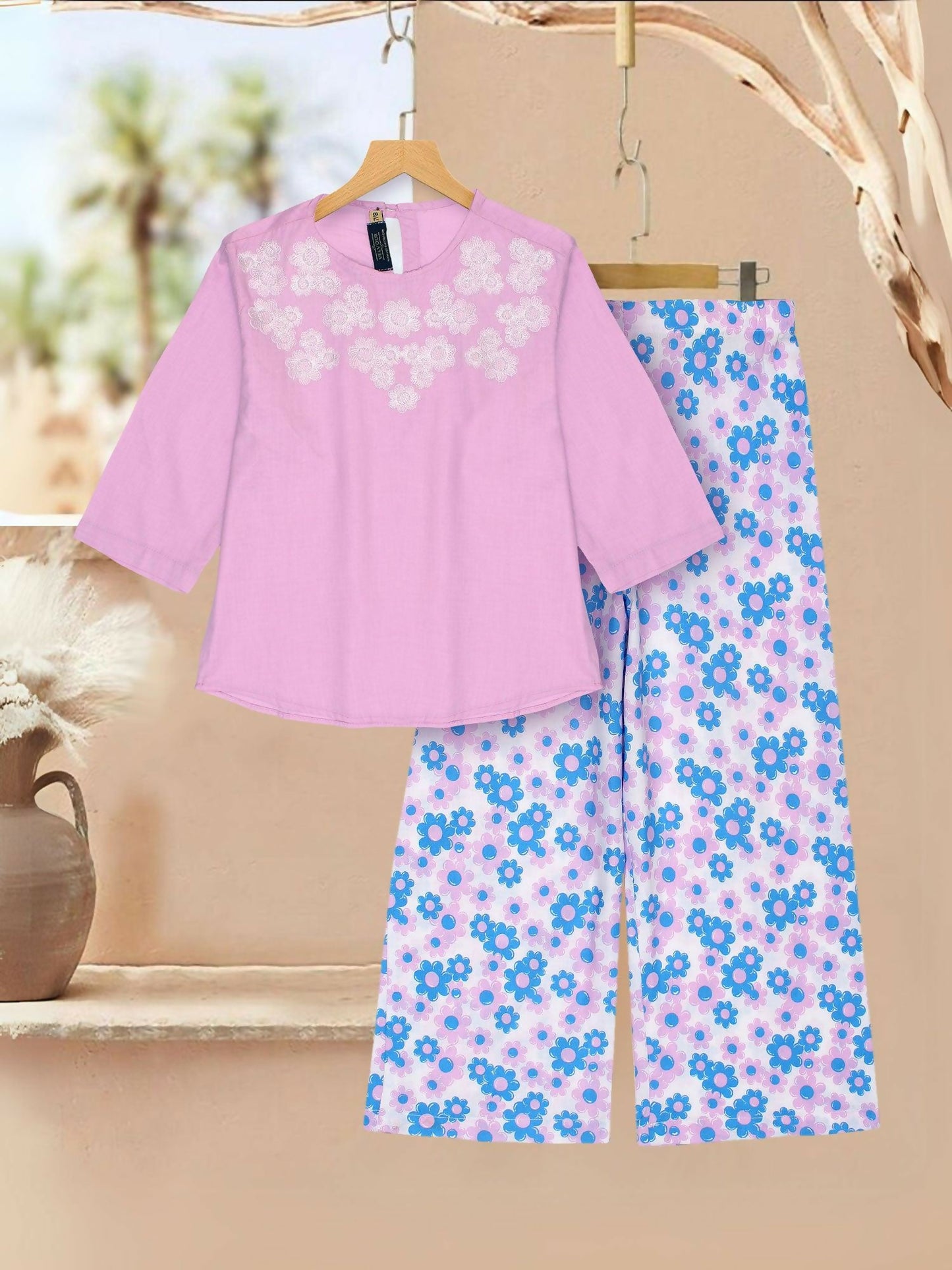 Light Pink and Blue Velvour Girls Printed Co-ord Set-VG162-B