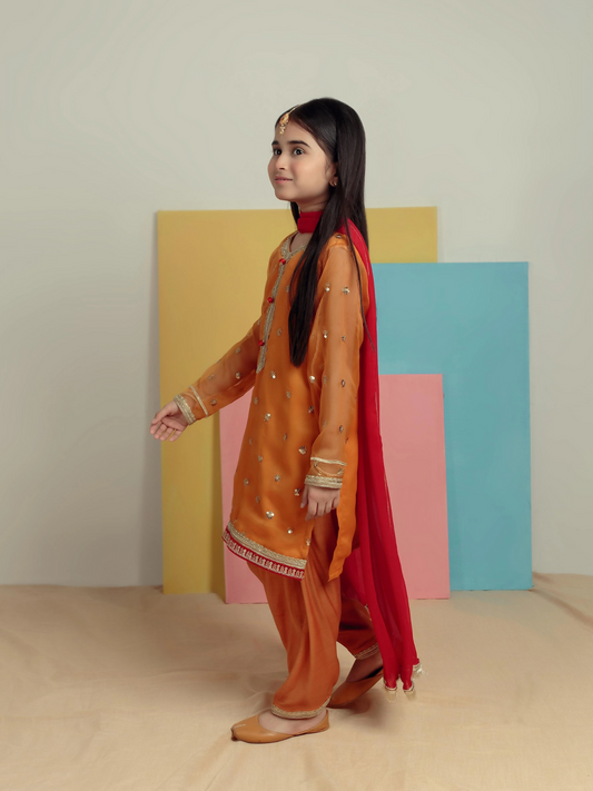 Kidoz Kloset Chiffon Embroidered Stitched 3-Piece Suit-Mustard Magic