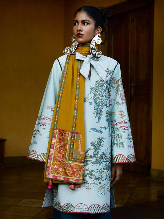 Jugnu by Hussain Rehar Cotton Embroidered Scarf-Jeena