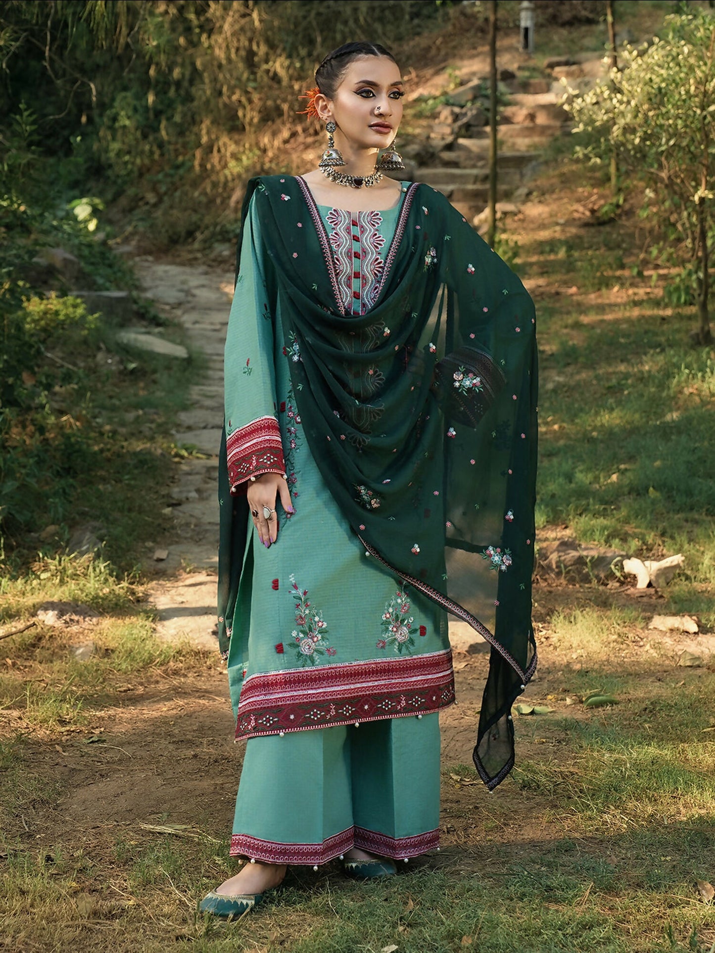 Hemstitch Lawn Embroidered Stitched 3-Piece Suit-Jade
