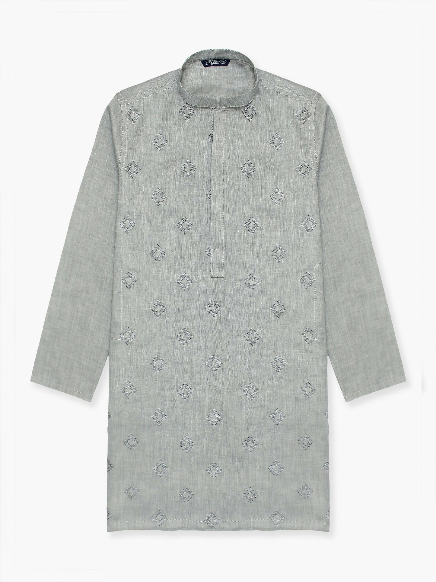 Boy wearing embroidered cotton stitched kurta with mandarin collar, full sleeves, and regular fit – elegant ethnic wear for kids.