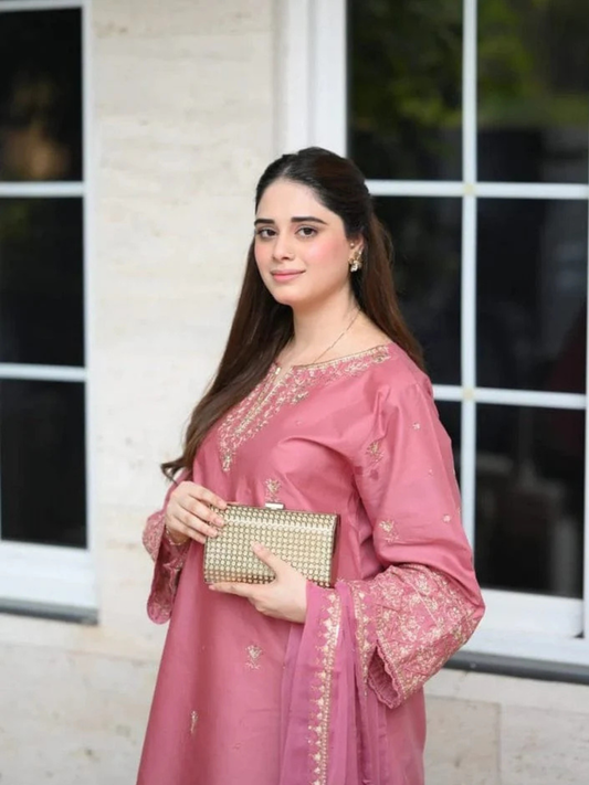 Pink Silai Libas Linen Embroidered Stitched 3-Piece Suit-Aarzoo