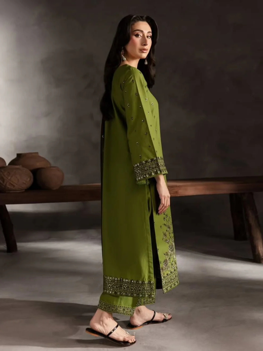 Green Silai Libas Linen Embroidered Stitched 3-Piece Suit-Ezzal