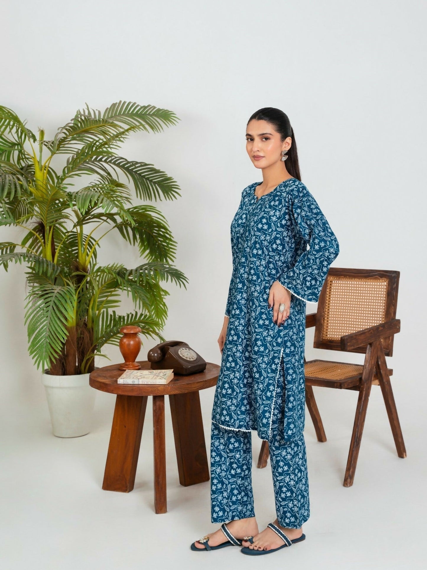 Stylish Collection Enchant Pret Linen Printed Co-Ord Set-Leaf Teal