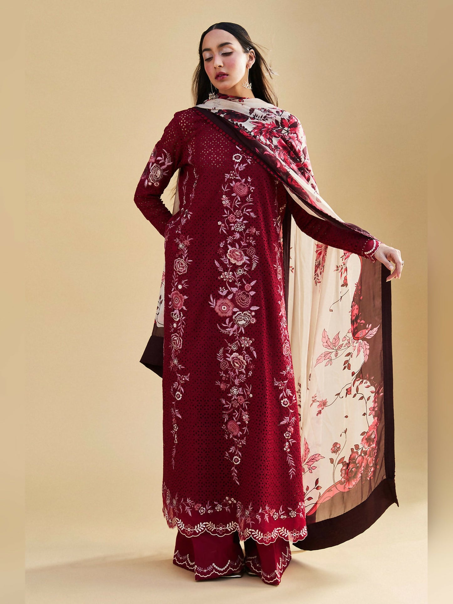 Maroon color of Zara Shahjahan Luxury Lawn Embroidered Unstitched 3-Piece Suit-Asa-5B