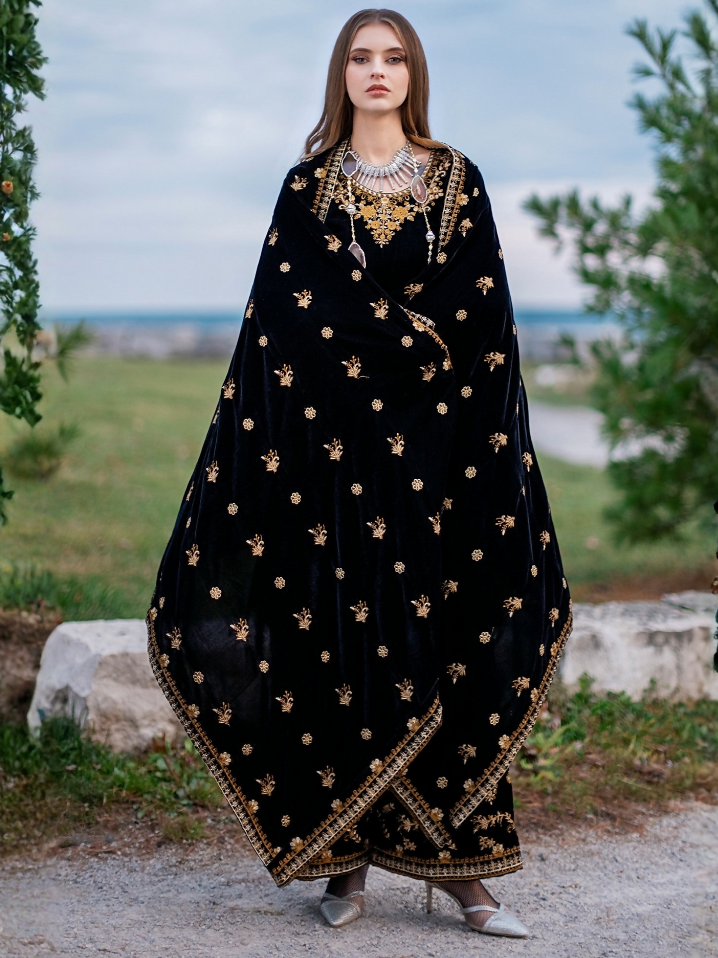 Panache Apparel Velvet Edit Micro Velvet 9000 Embroidered Stitched 2-Piece Suit-Eclipse