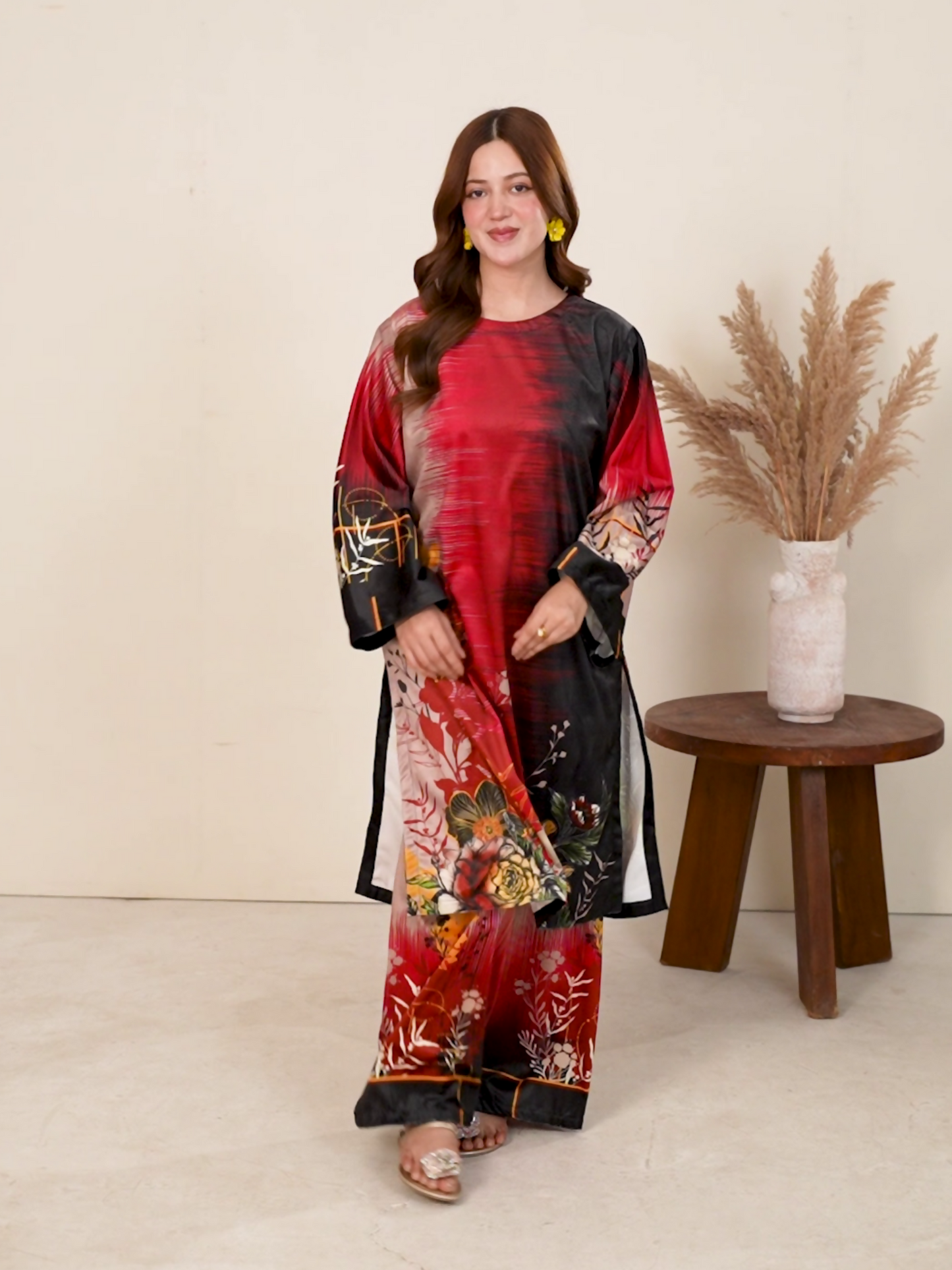 Stylish Collection Velvet Vogue Printed Co-Ord Set-Red Love