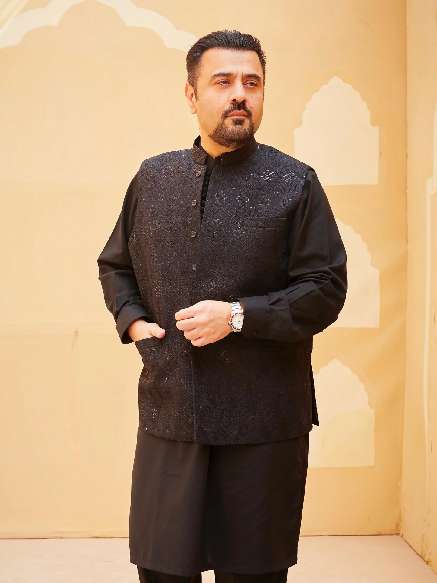 Gem Garments Raw Silk Embroidered Waist Coat-Musavir