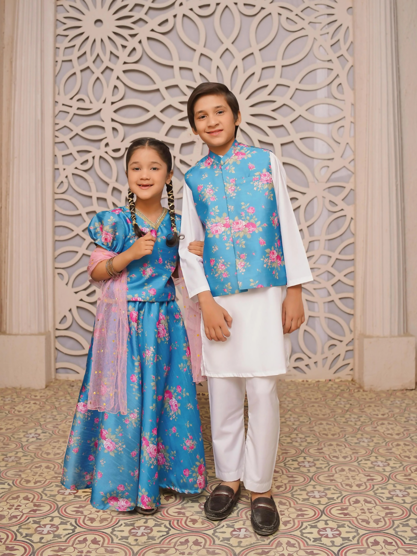 Kidoz Kloset Rang Rasiya Raw Silk Printed Stitched 3-Piece Suit-Aqua Rose-Girl