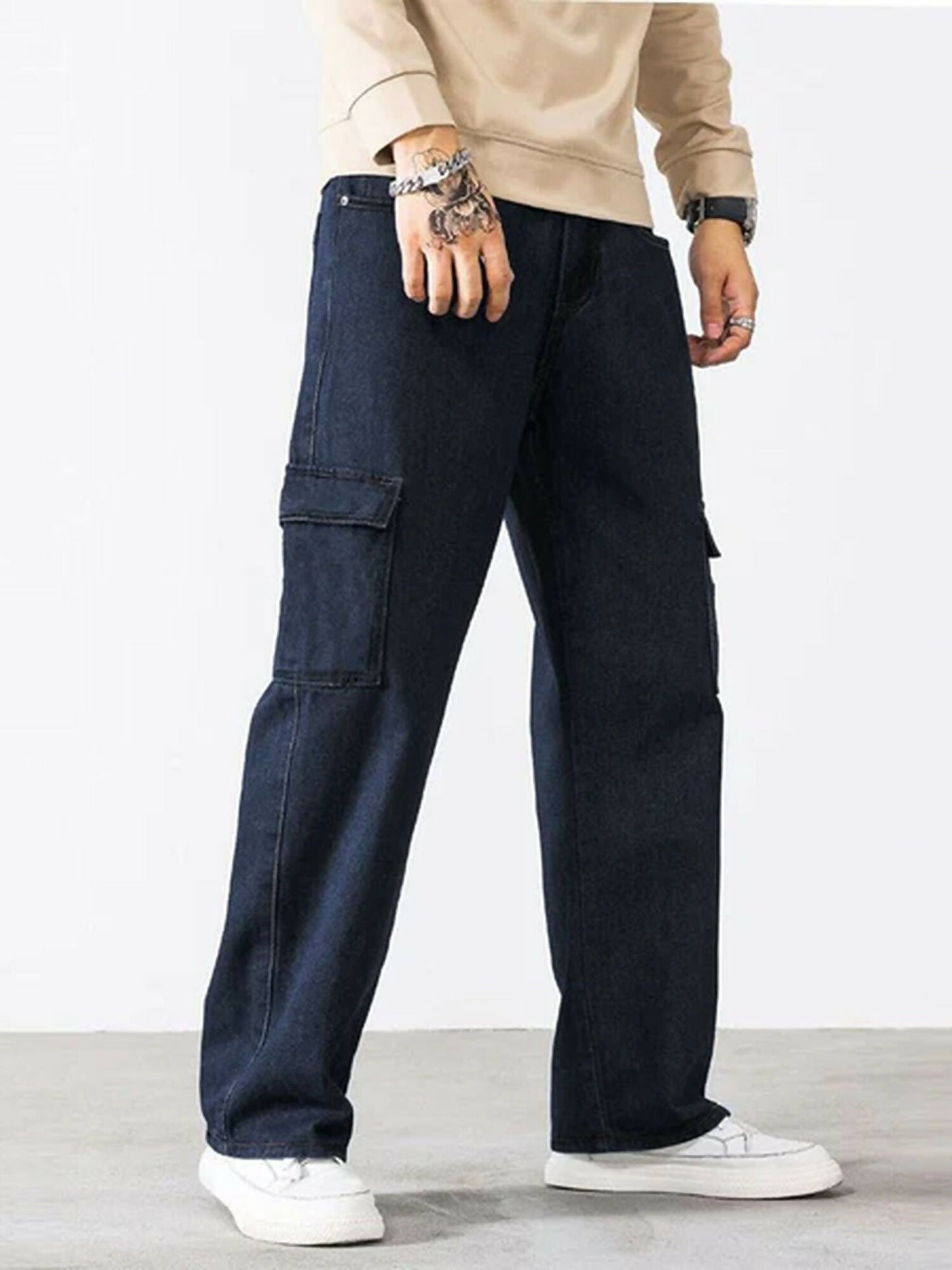 Jupiter Plain Engineered Slub Weave Cargo Pockets Denim Jeans-14492