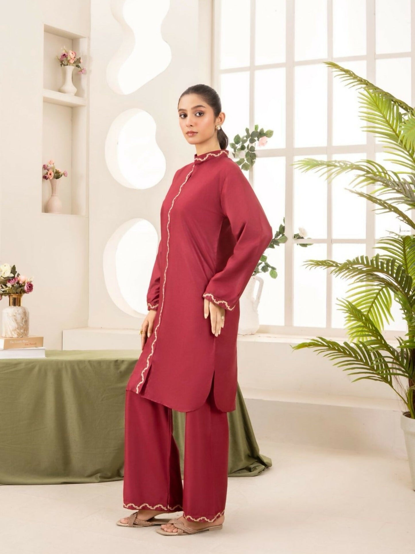 Stylish Collection Aaraish Linen Embroidered Co-Ord Set-Maroon Ringles