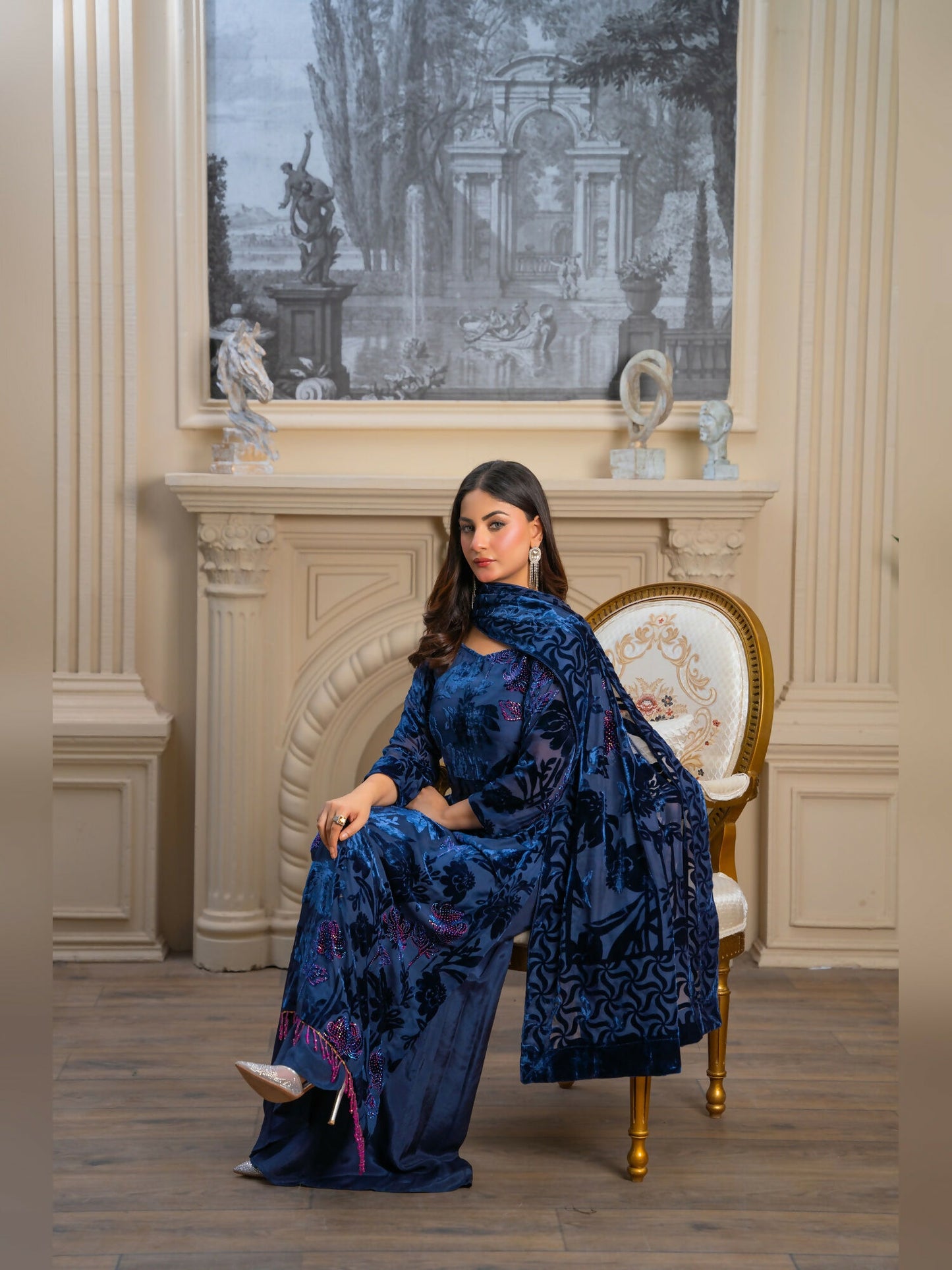 Noori Palachi Embossed Printed With Stone Work Unstitched 3-Piece Suit