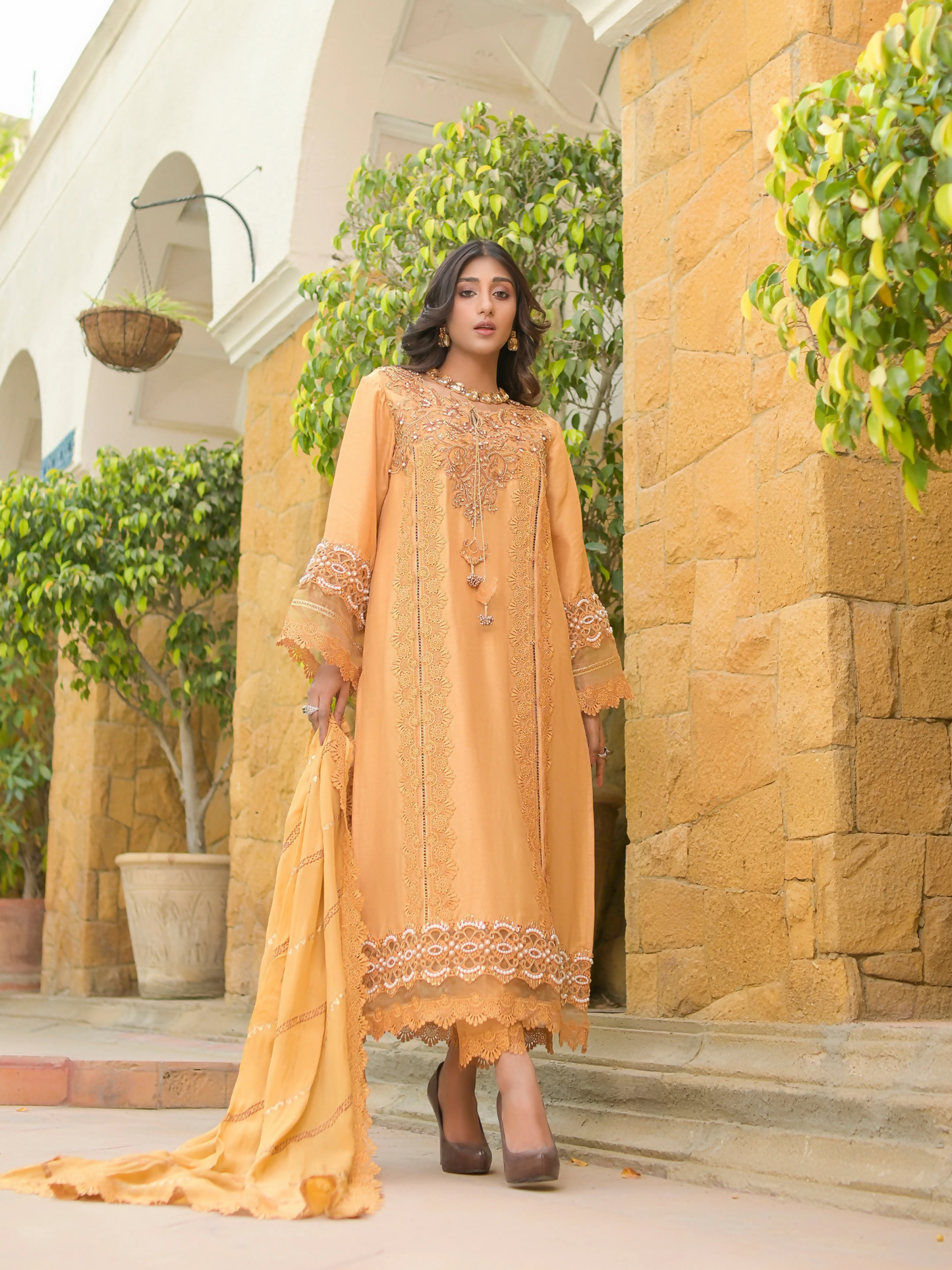 Farooq Hameed Studio Raw Silk Embroidered Stitched 3-Piece Suit-Safina