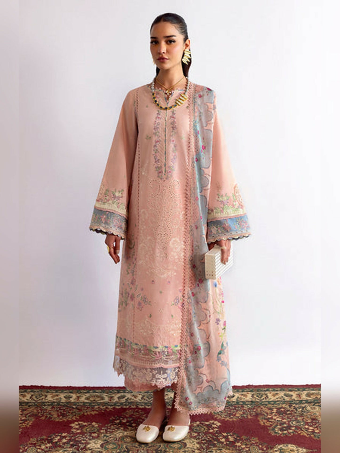 Light Pink Qalamkar Qlinekari Lawn Embroidered Unstitched 3-Piece Suit-DC-11 Hedi