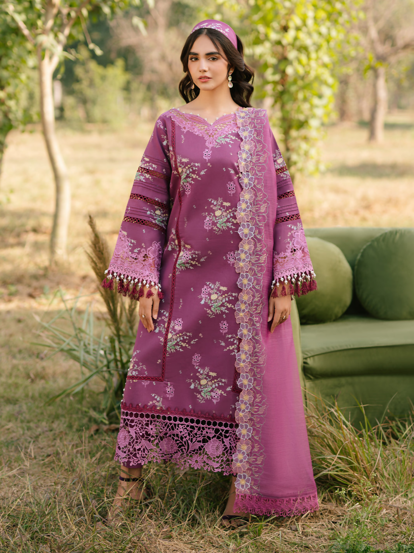 Unstitched 3-piece embroidered suit with embroidered lawn shirt, printed cambridge trouser, and embroidered net dupatta.