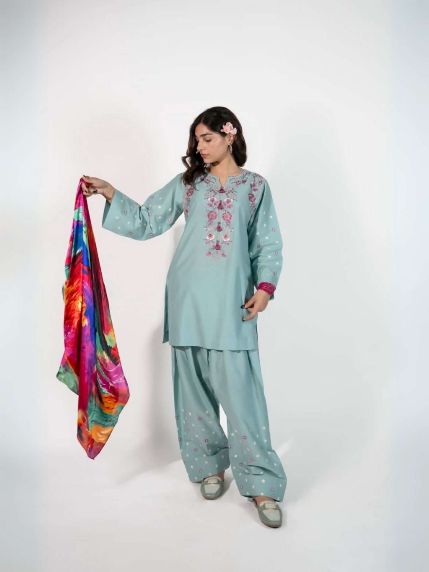 Trends Forever Karam Collection purple lawn stitched 2-piece suit featuring an embroidered shirt and embroidered shalwar for an elegant and polished appearance.