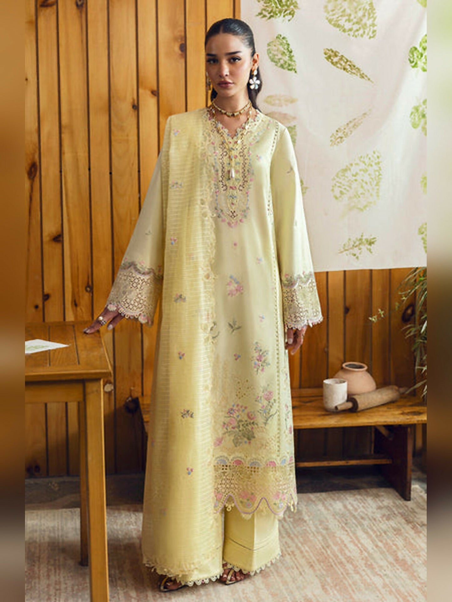 Pastel Yellow Qalamkar Qlinekari Lawn Embroidered Unstitched 3-Piece Suit-DC-04 Keva