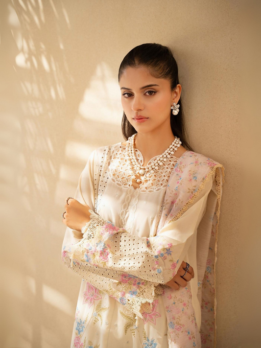 RajBari AIRA 2-A cream pastel floral embroidered 3-piece unstitched lawn suit with ready-to-wear dupatta