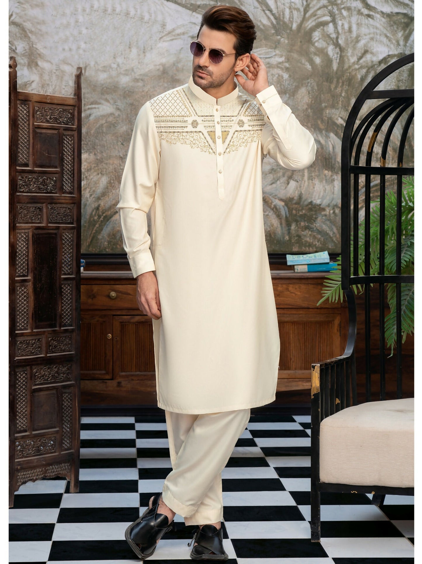 Cream Fabrich Men Embroidered Wash N Wear Unstitched Shalwar Kameez-GTS-MCE-005