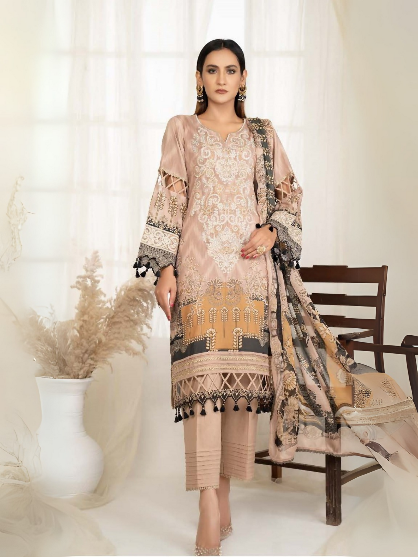 Beige Sitara Lawn Embroidered Unstitched 3-Piece Suit-122