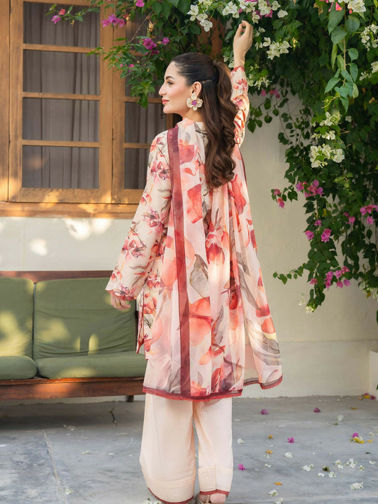 Panache Apparel Mah-e-Noor Rawsilk Printed Stitched 3-Piece Suit-Coral Blush