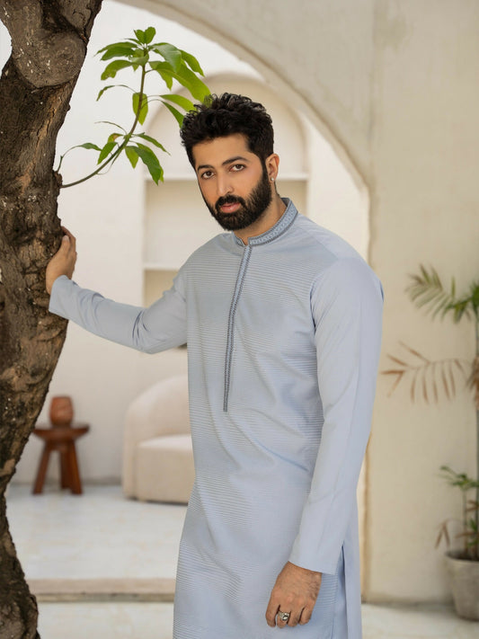 Fabrich Men Wash & Wear Embroidered Unstitched Shalwar Kameez-Misty-Blue
