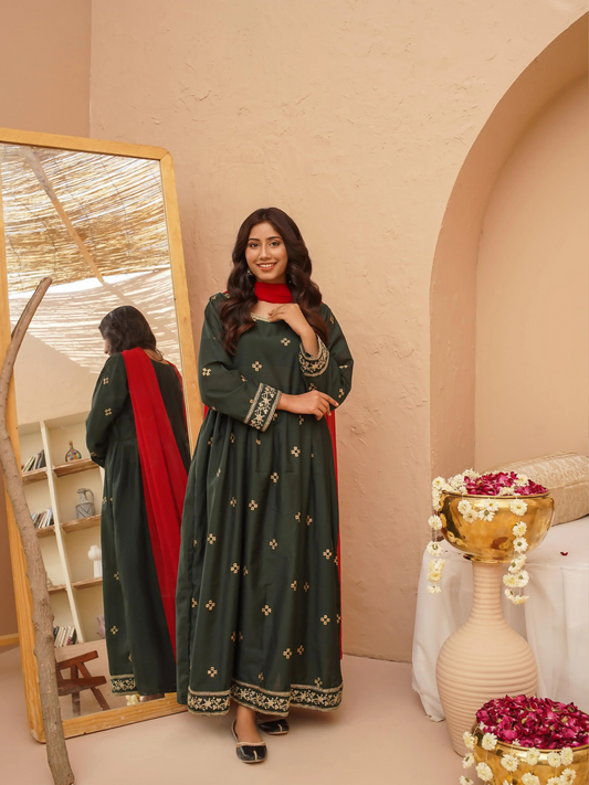 Kidoz Kloset Rang Rasiya Cotton Silk Embroidered Stitched 3-Piece Suit-Emerald Aura-Women