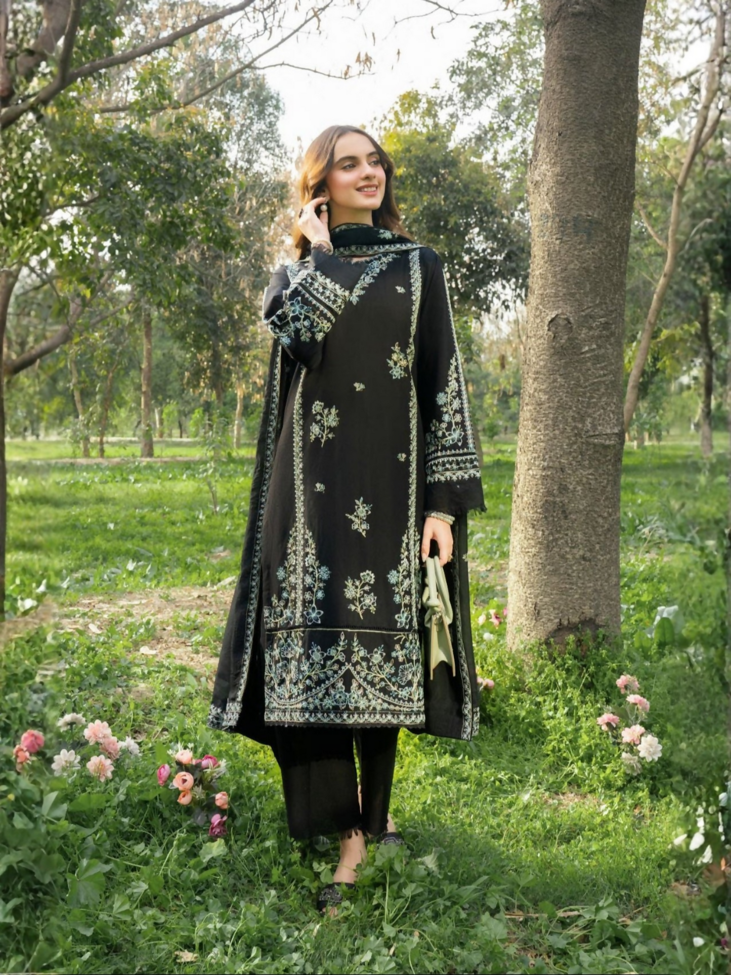 Panache Apparel Serenity Collection Linen Embroidered Stitched Suit-Black Dew
