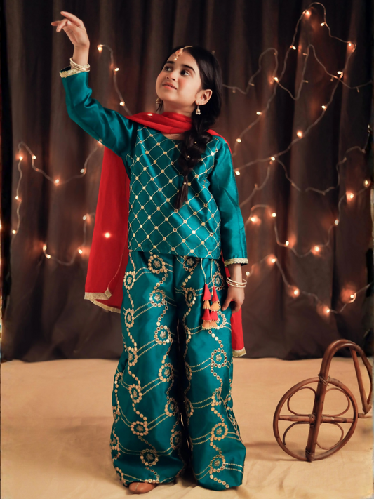 Kidoz Kloset Raw Silk Embroidered Stitched 3-Piece Suit-Dazzling Delight-Teal Embroidered Palazzo Set