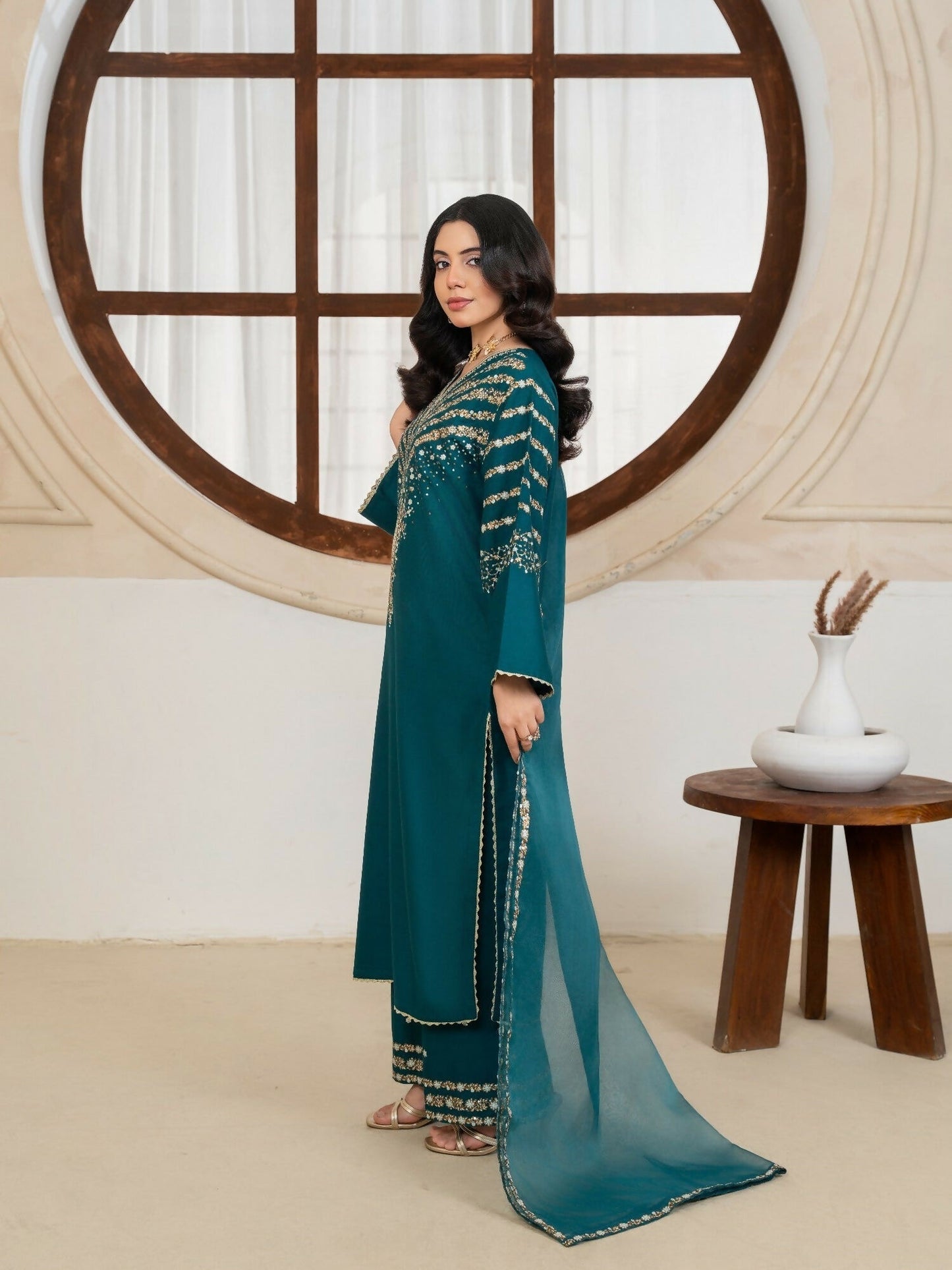 Stylish Collection Royal Pret Dhanak Linen Embroidered Stitched 3-Piece Suit-Jazmine Teal