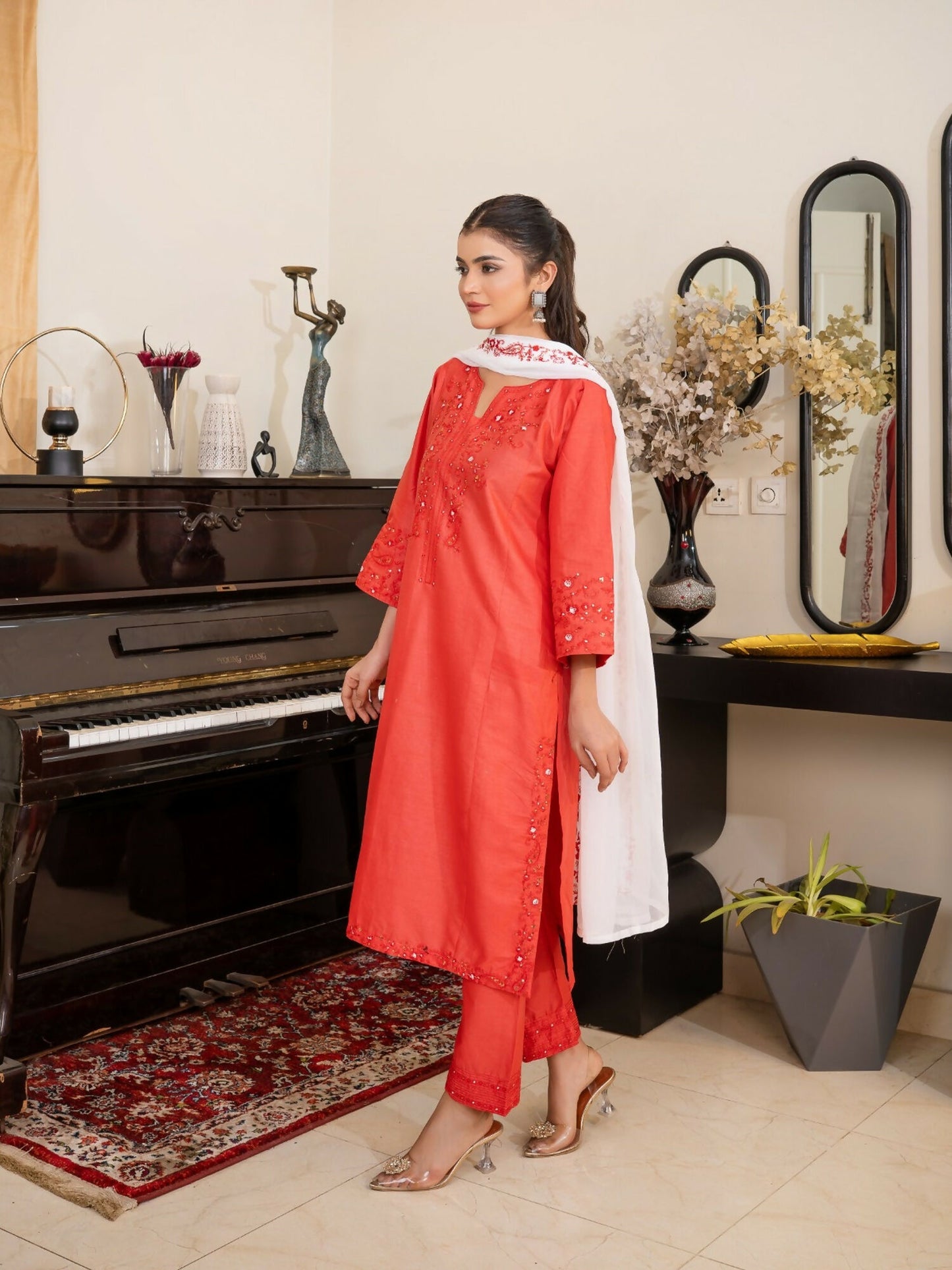 Tehzeeb Libas Cotton Lawn Embroidered Stitched 3-Piece Suit-FLAME AURA