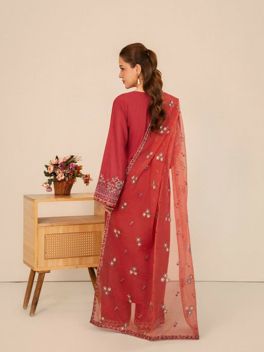 Stylish Collection Royal Pret Linen Embroidered Stitched 3-Piece Suit-Dusty Rose
