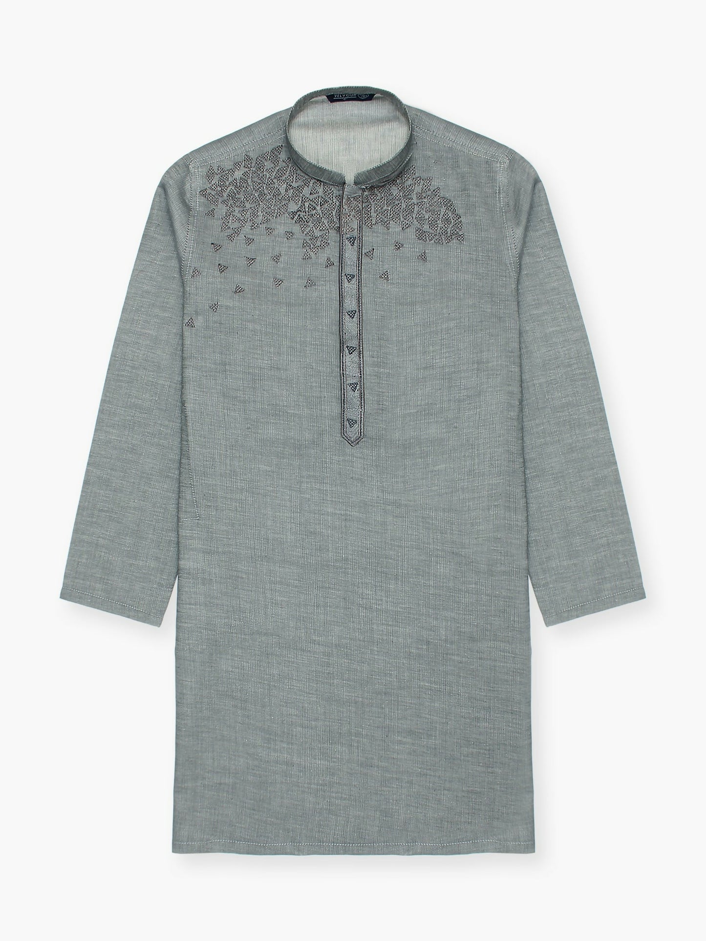 Boy wearing embroidered cotton kurta with mandarin collar, full sleeves, and regular fit, suitable for festive and traditional wear