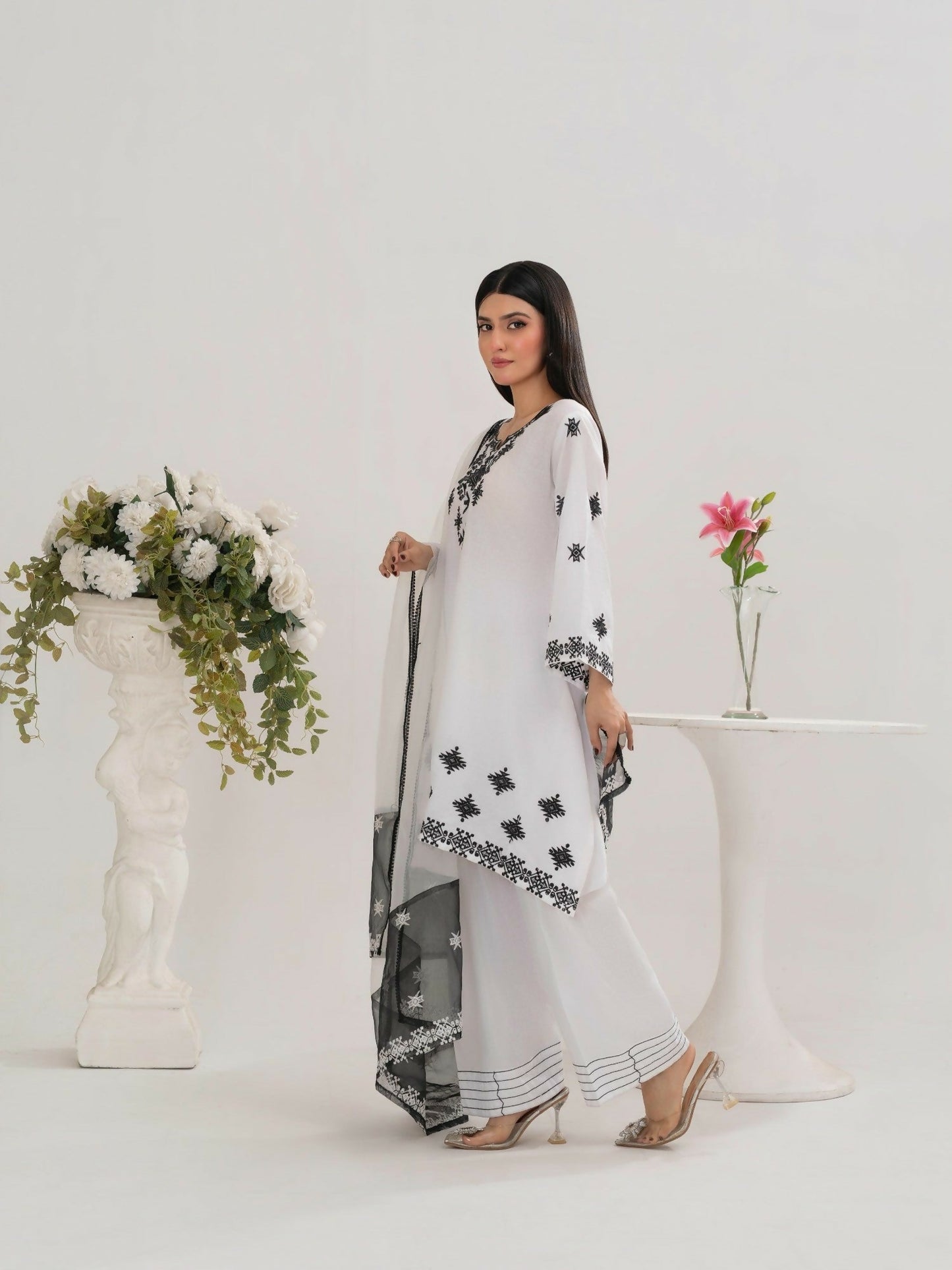 Stylish Collection Saya Pret Cotton Embroidered 3-Piece Suit-White Charm