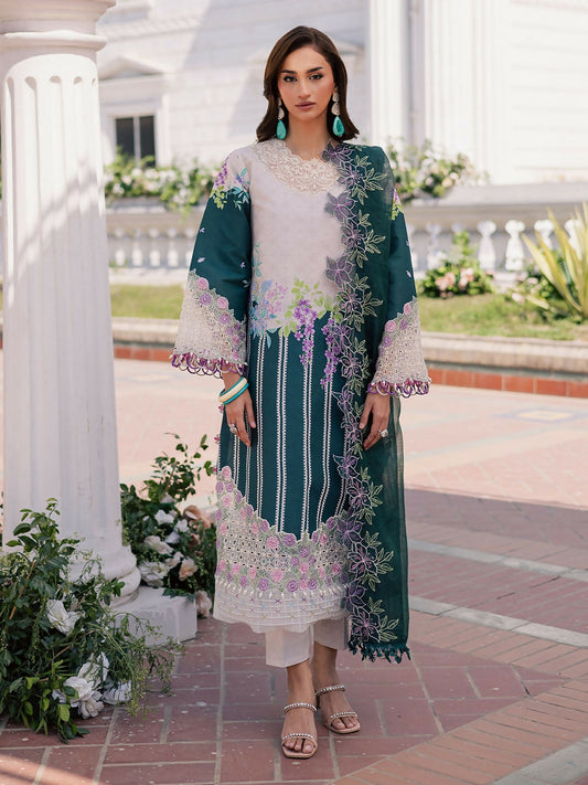 Unstitched 3-piece suit with printed lawn shirt, embroidered net dupatta, and printed cambric trouser.