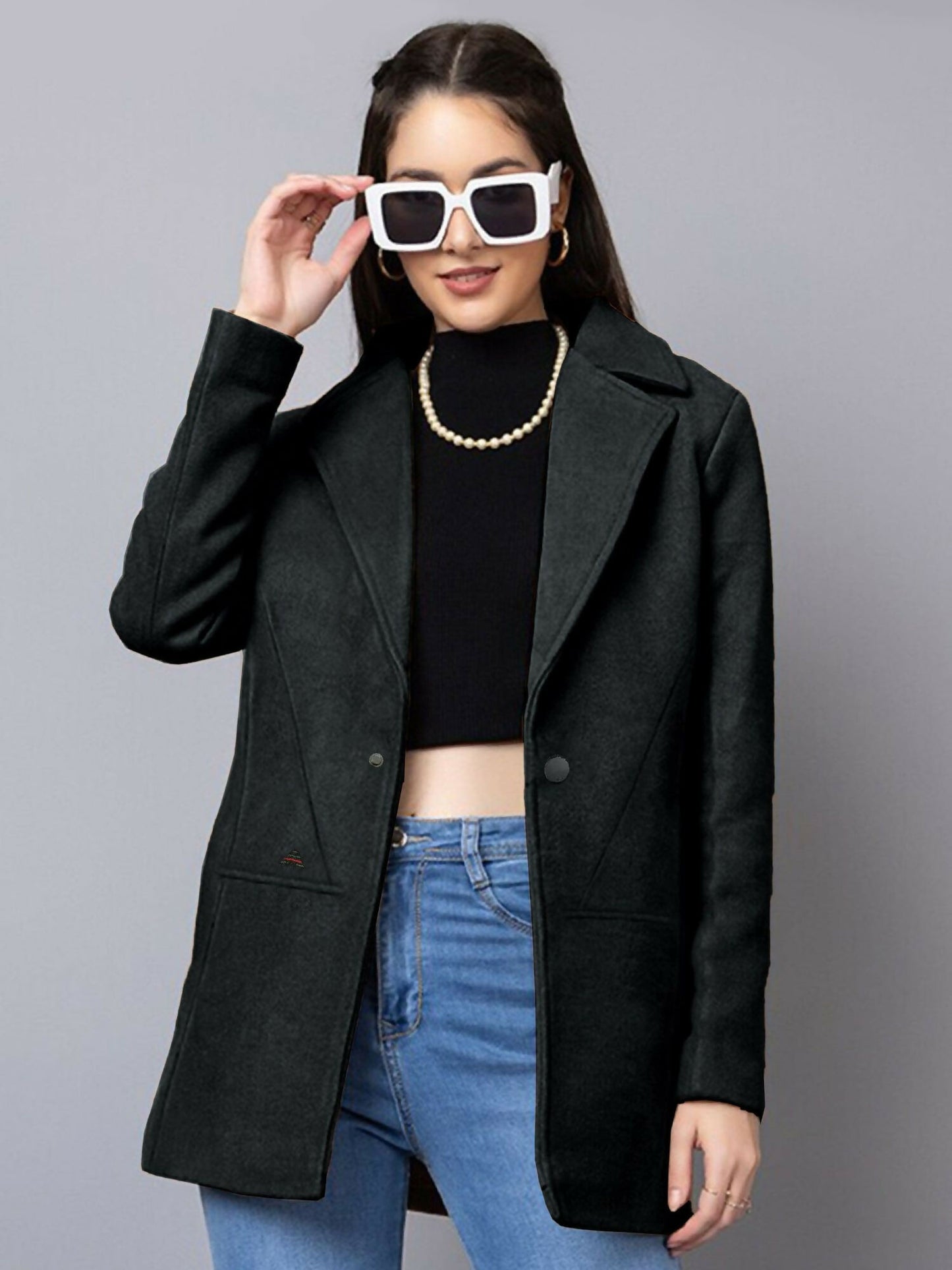 Black Jupiter Women Imported Woollen Trendy Long Coat-14063