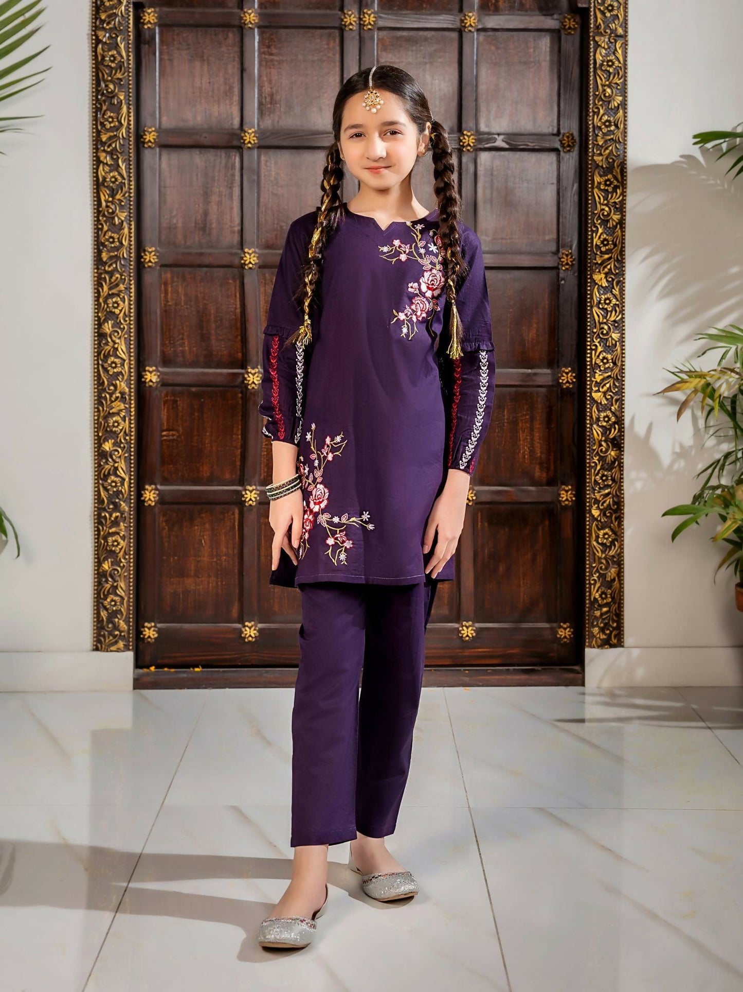 Deep Purple Velvour Girls Embroidered Stitched 2-Piece Suit-VG97-A