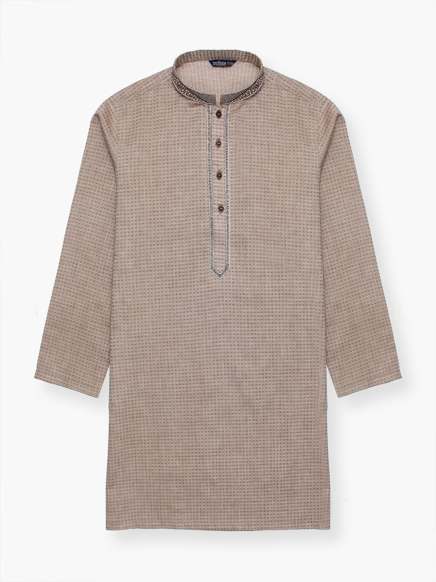 Boy wearing embroidered stitched cotton kurta with mandarin collar, full sleeves, and regular fit, ideal for festive and traditional occasions