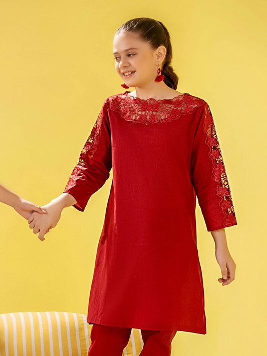 Velvour Girls Cotton Embroidered Stitched 2-Piece Suit-VG154-A