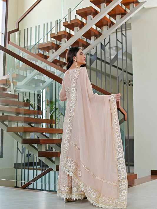 Farooq Hameed Studio Chiffon Embroidered Stitched 3-Piece Suit-Sandal