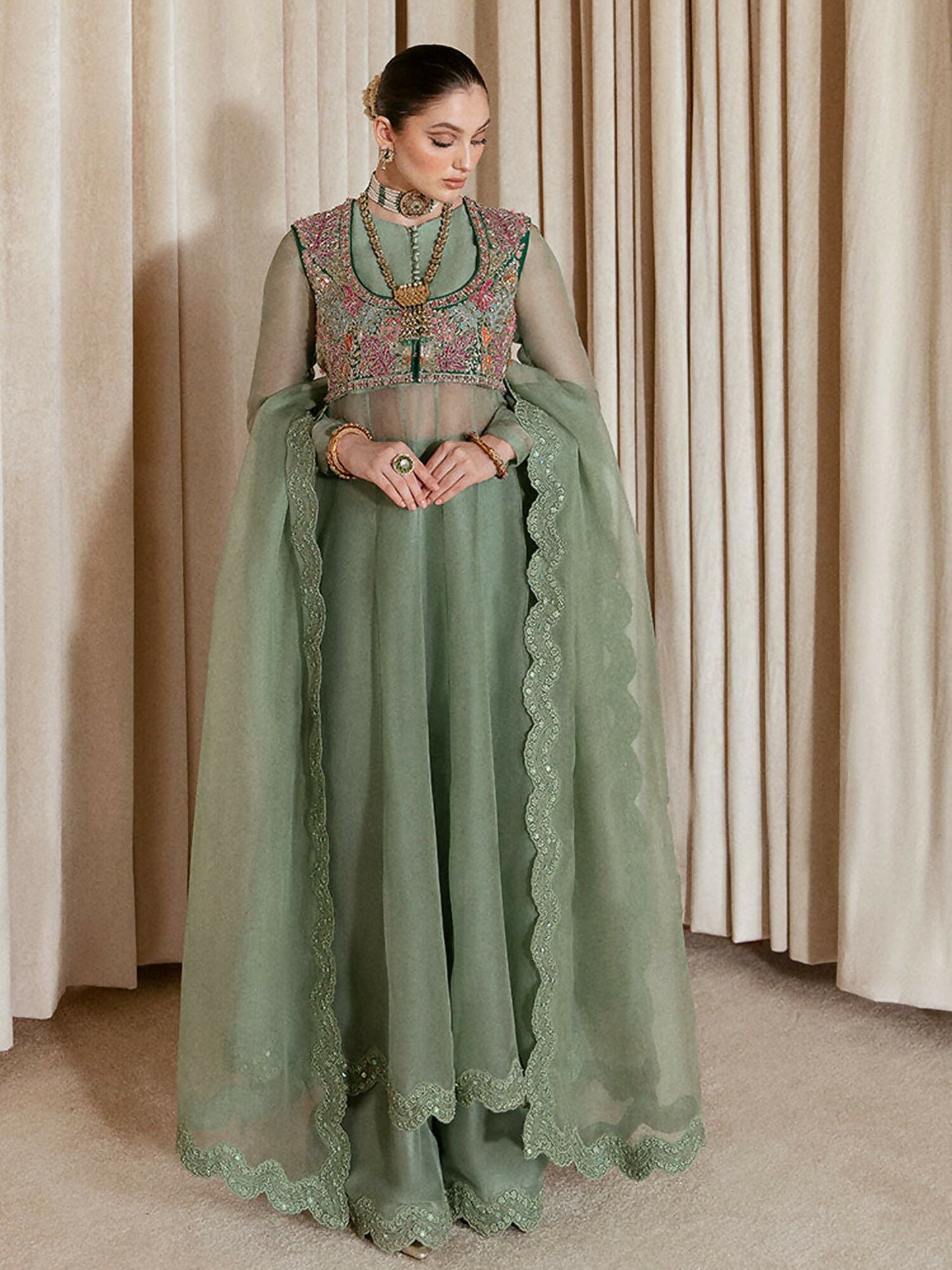 Hussain Rehar – Sea Green Organza Peshwas with Embellished Waistcoat and Scalloped Organza Dupatta