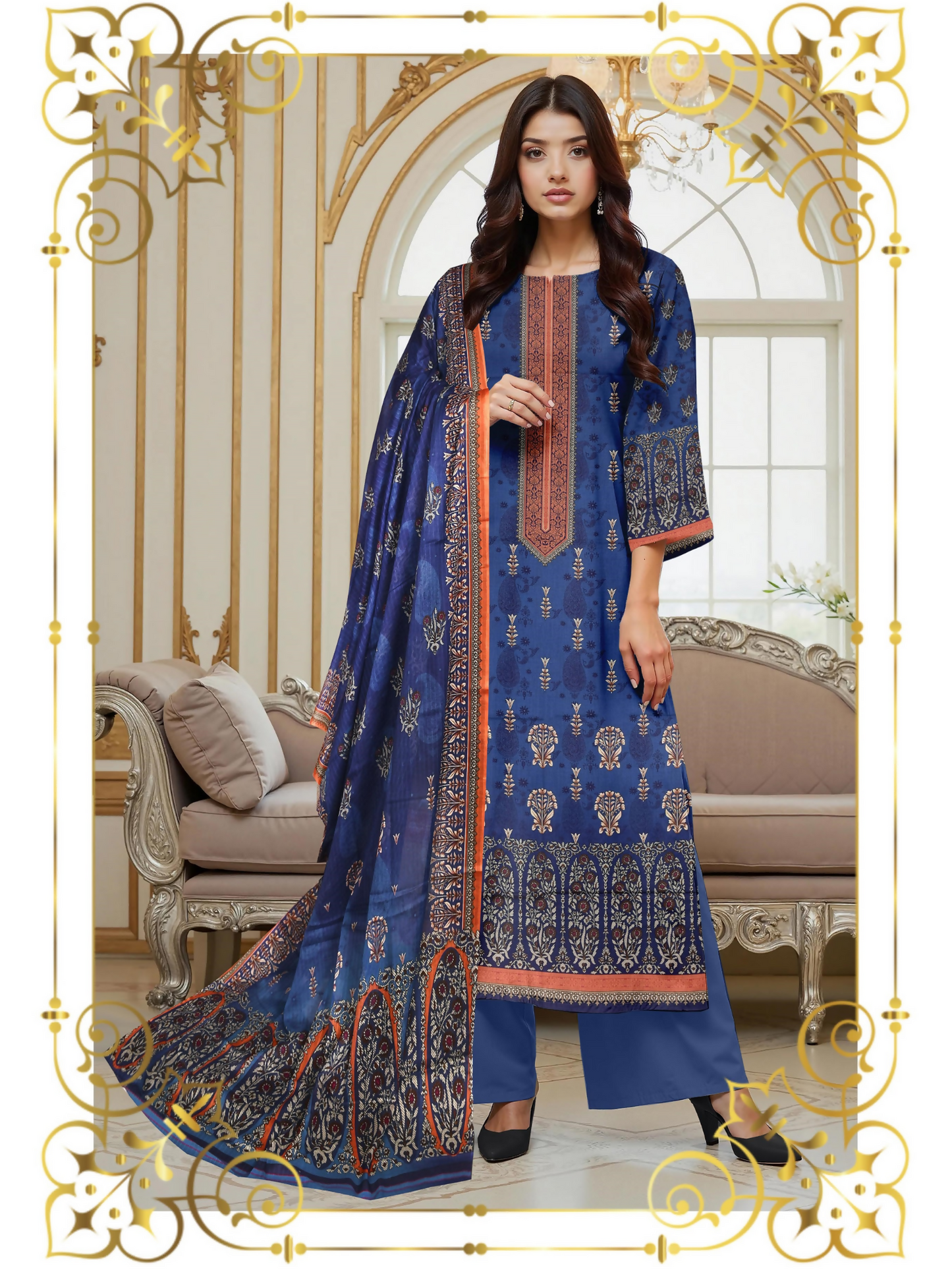 Girl standing wearing an unstitched 3-piece suit with premium printed lawn shirt, slub voile dupatta, and dyed cotton trouser, suitable for timeless everyday style.