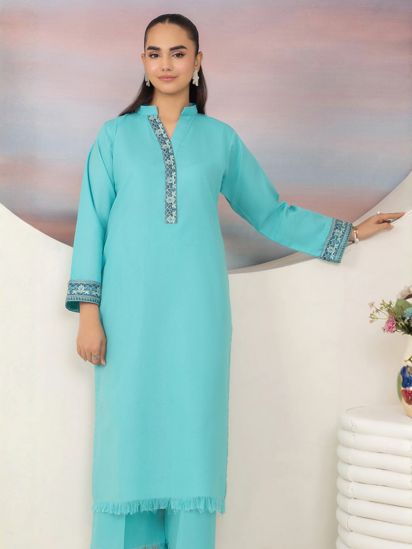 Panache Apparel Winter Basics Khaddar Embroidered Stitched 2-Piece Suit-Ocean